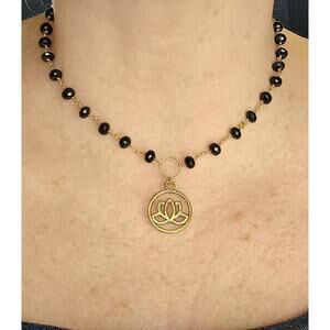 Black Gold Lotus Pendant Statement Necklace Faceted Beaded Rosar Adjustable